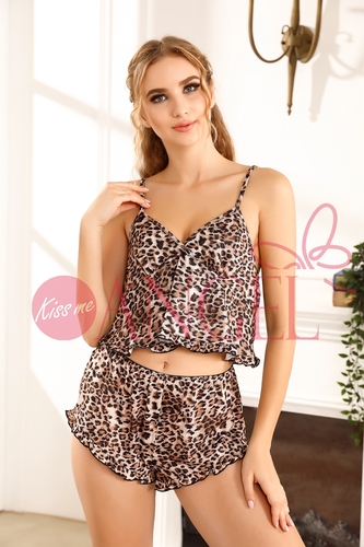 KISS ME ANGEL new hot woman leopard print comfortable pajamas show waist two piece suit cool at home women's sleepwear f