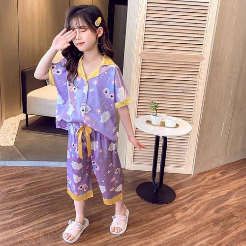2022 Girls Satin Pyjamas Short Sleeve Satin Silk Sleepwear For Children Kids Print Pajama