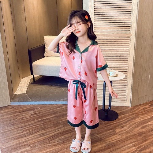 2022 Girls Satin Pyjamas Short Sleeve Satin Silk Sleepwear For Children Kids Print Pajama