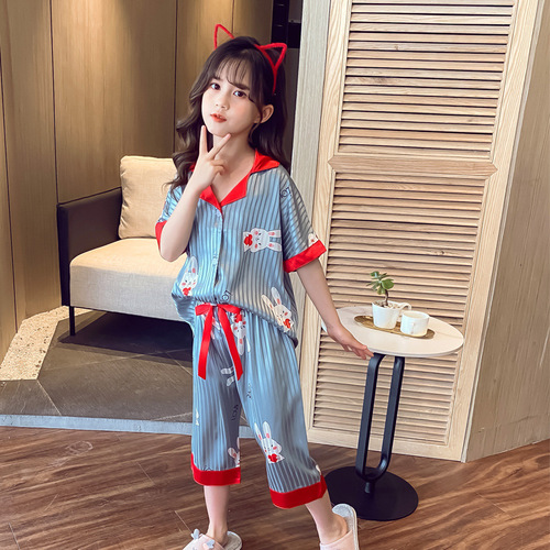 2022 Girls Satin Pyjamas Short Sleeve Satin Silk Sleepwear For Children Kids Print Pajama