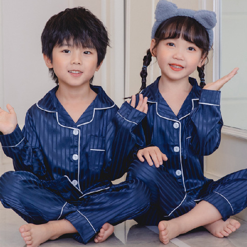 Long Sleeve Children Pajamas Solid Ice Silk Satin Kids Sleepwear Sets Suit For Girl And Boy's Pajamas