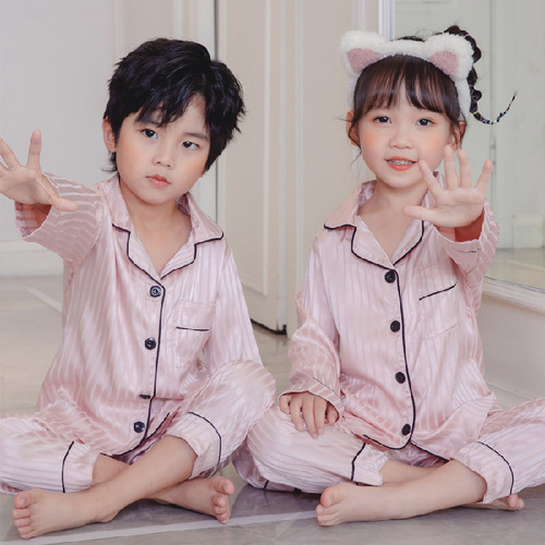 Long Sleeve Children Pajamas Solid Ice Silk Satin Kids Sleepwear Sets Suit For Girl And Boy's Pajamas