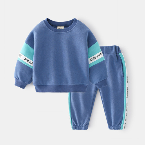 Fashion Blue Grey Color Patchwork Design Casual Sport Children Wear Hoodies Pants Clothes Set Kids Boys Clothing Set