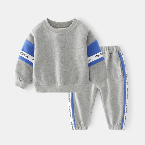 Fashion Blue Grey Color Patchwork Design Casual Sport Children Wear Hoodies Pants Clothes Set Kids Boys Clothing Set