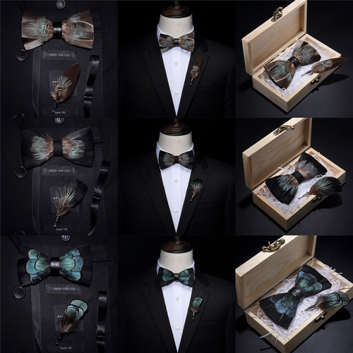 Original USA Design Hand Made Natural Brid Feather Exquisite Bow Tie Brooch Pin Set