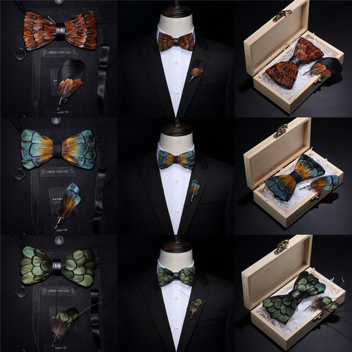 Original USA Design Hand Made Natural Brid Feather Exquisite Bow Tie Brooch Pin Set