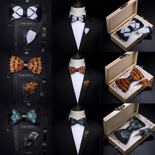Original USA Design Hand Made Natural Brid Feather Exquisite Bow Tie Brooch Pin Set