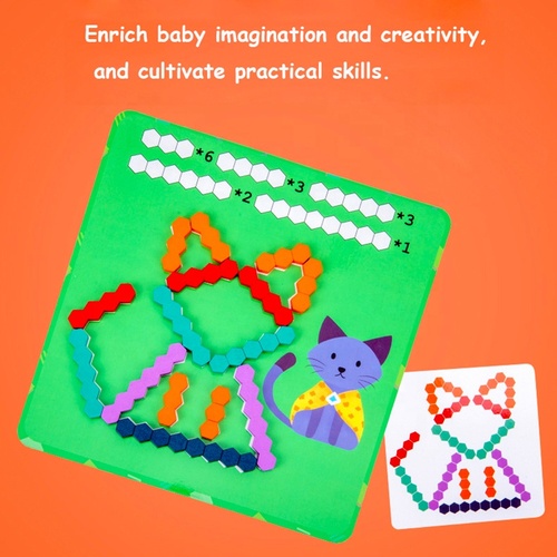 Wooden Jigsaw Puzzle Toys Hexagon Tangram Puzzle Montessori Toy Geometry Logic Game With Cards Intellectual Educational 