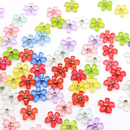 100pcs 10mm Resin Flower with Rhinestone Flatback Transparent Cabochon for Kids Girls DIY Jewelry Nail Art Decor Beads C