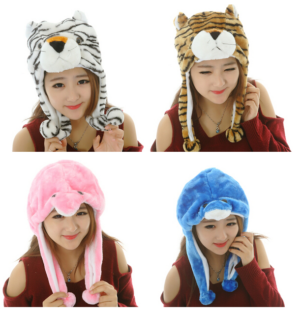 One Size Adult Kids Plush Animal Hat White Dog Cosplay Plush Hats Cute Fuzzy Dress Up Warm Beanie Hat