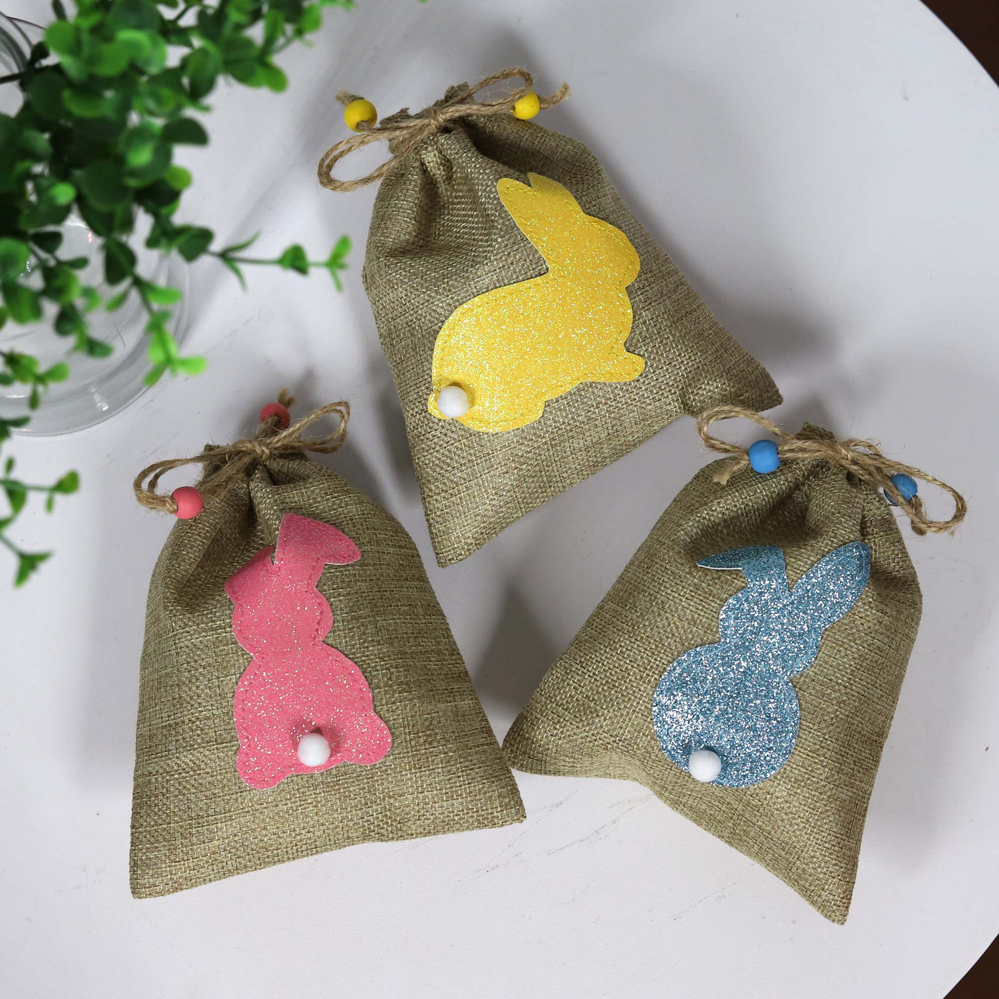Easter Basket hemp Bunny Drawstring Totes for Easter Party Treat Bag