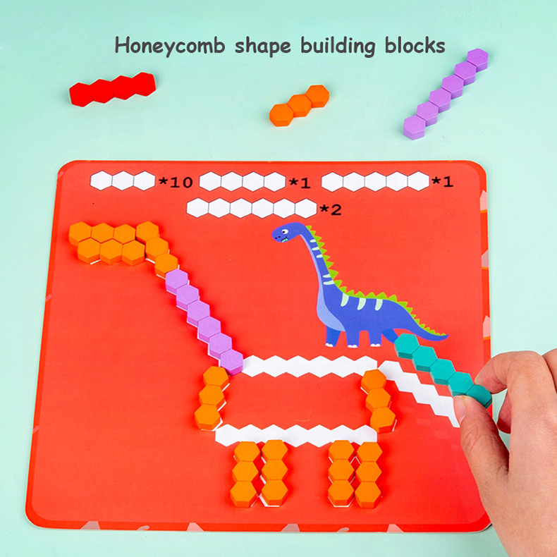 Wooden Jigsaw Puzzle Toys Hexagon Tangram Puzzle Montessori Toy Geometry Logic Game With Cards Intellectual Educational 