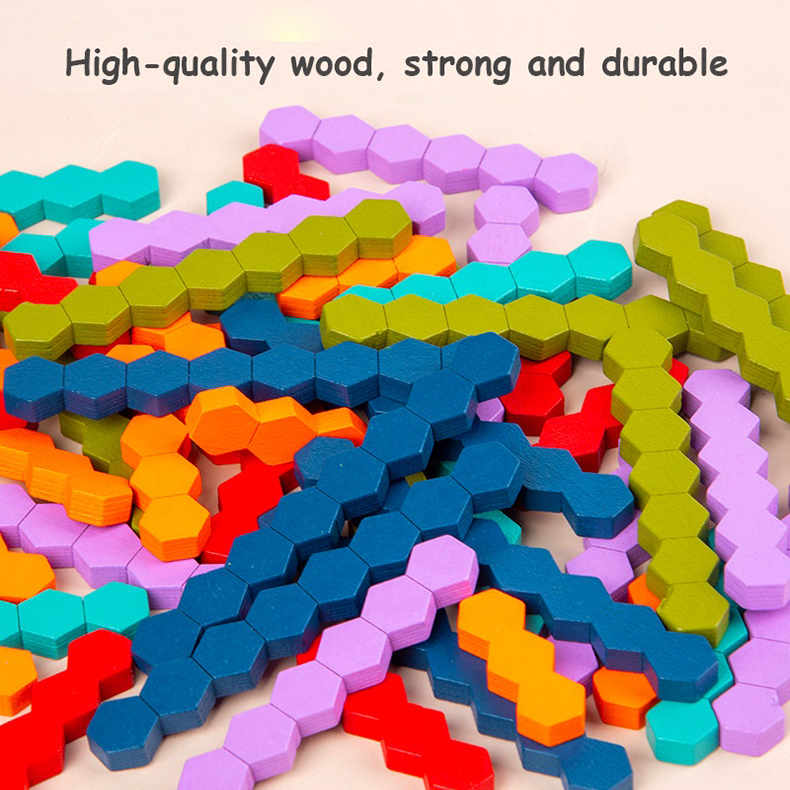 Wooden Jigsaw Puzzle Toys Hexagon Tangram Puzzle Montessori Toy Geometry Logic Game With Cards Intellectual Educational 