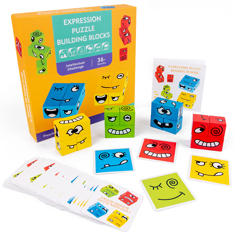Expression Puzzle Building Blocks Toys Early Learning Educational Match Toy Kids Face Change Cube Game Toy