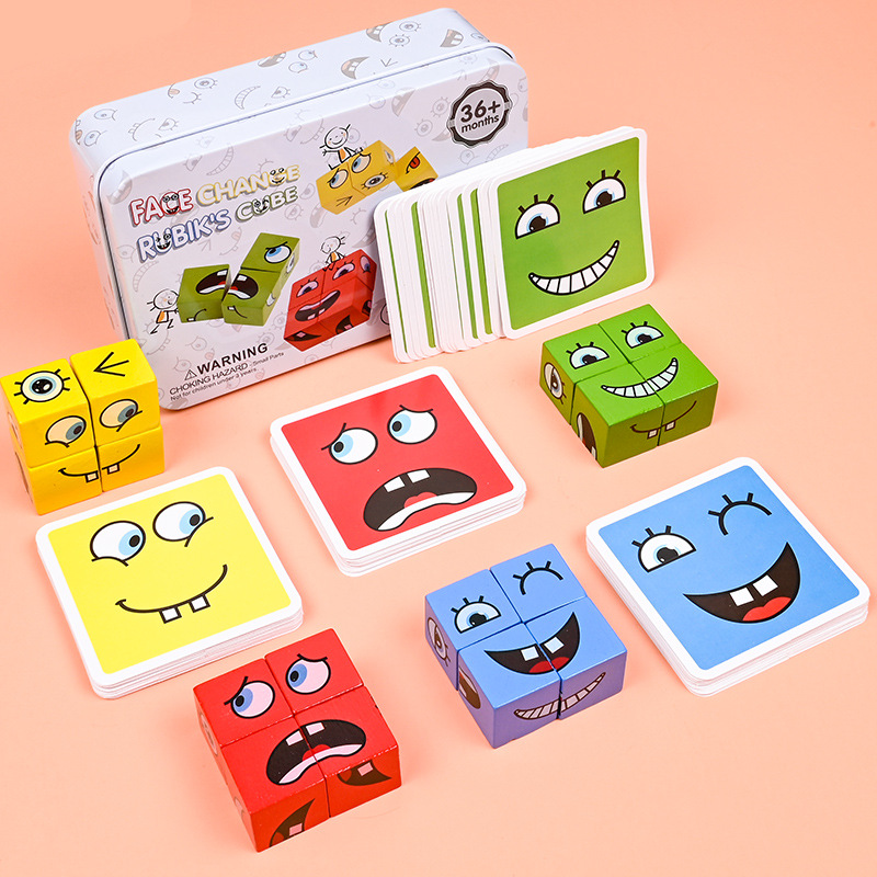 Expression Puzzle Building Blocks Toys Early Learning Educational Match Toy Kids Face Change Cube Game Toy