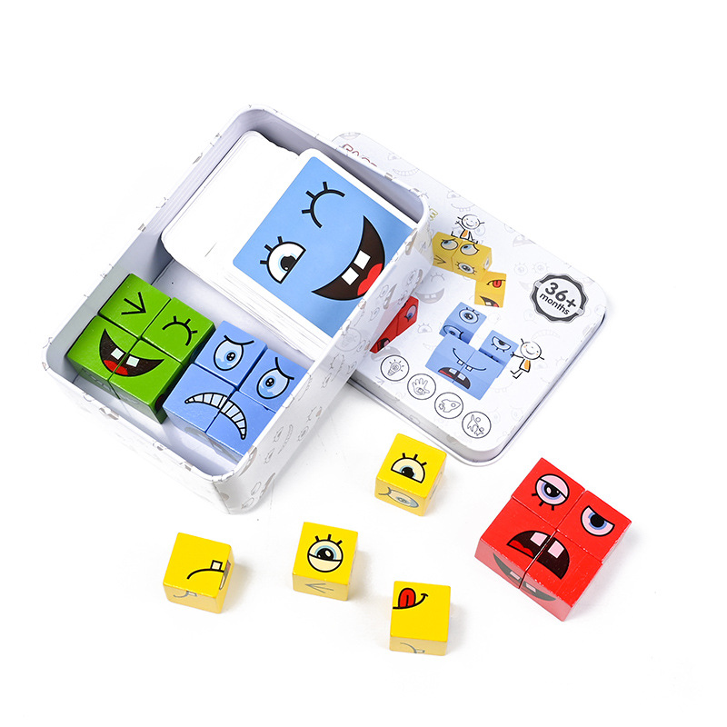 Expression Puzzle Building Blocks Toys Early Learning Educational Match Toy Kids Face Change Cube Game Toy