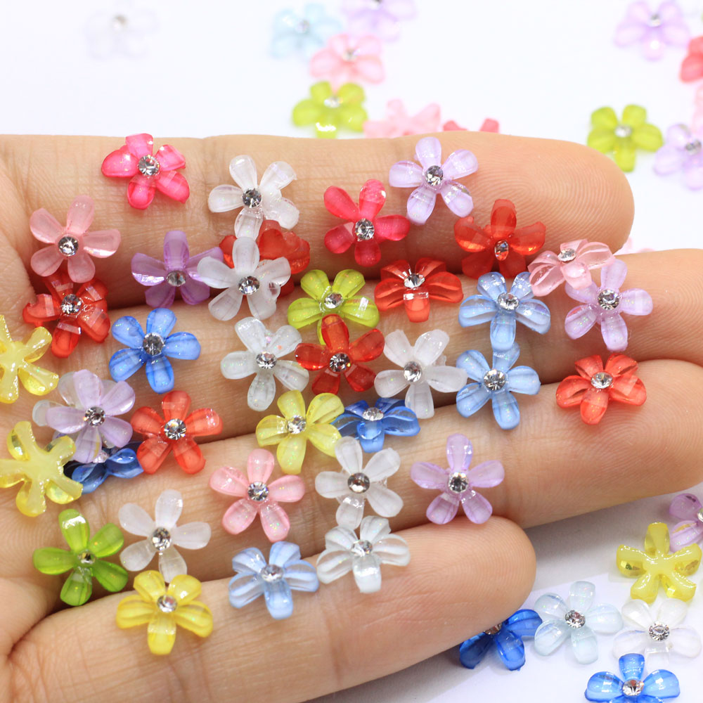 100pcs 10mm Resin Flower with Rhinestone Flatback Transparent Cabochon for Kids Girls DIY Jewelry Nail Art Decor Beads C