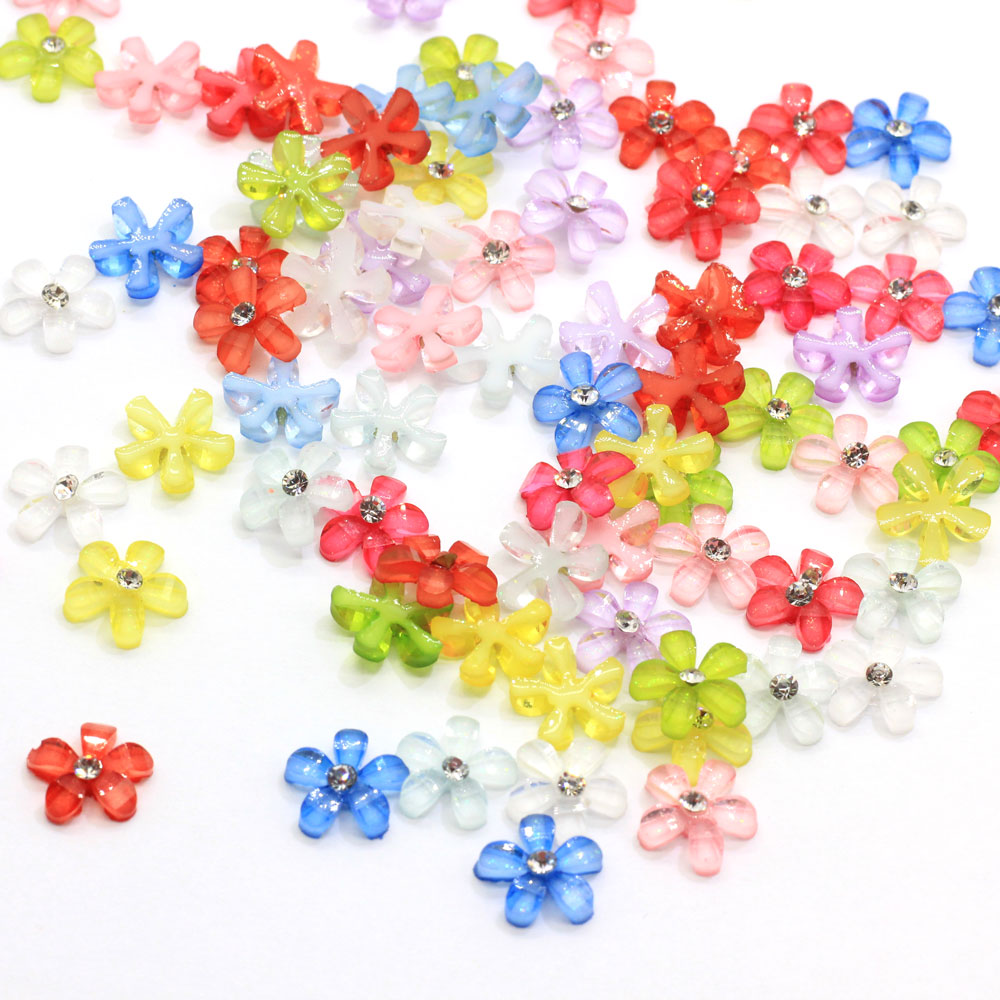 100pcs 10mm Resin Flower with Rhinestone Flatback Transparent Cabochon for Kids Girls DIY Jewelry Nail Art Decor Beads C
