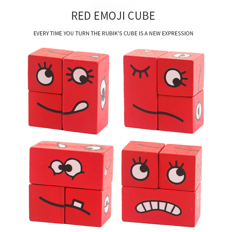 Wooden Expressions Matching Block Puzzles Building Cubes Toy Board Games Educational Montessori Toys for Kids Age 3 Year