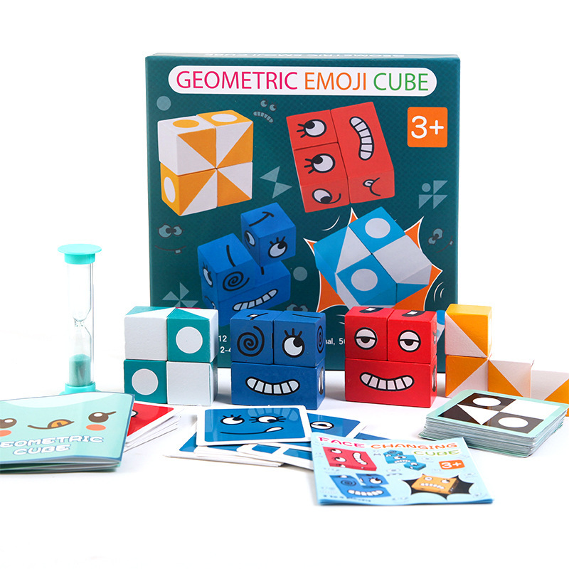 Wooden Expressions Matching Block Puzzles Building Cubes Toy Board Games Educational Montessori Toys for Kids Age 3 Year