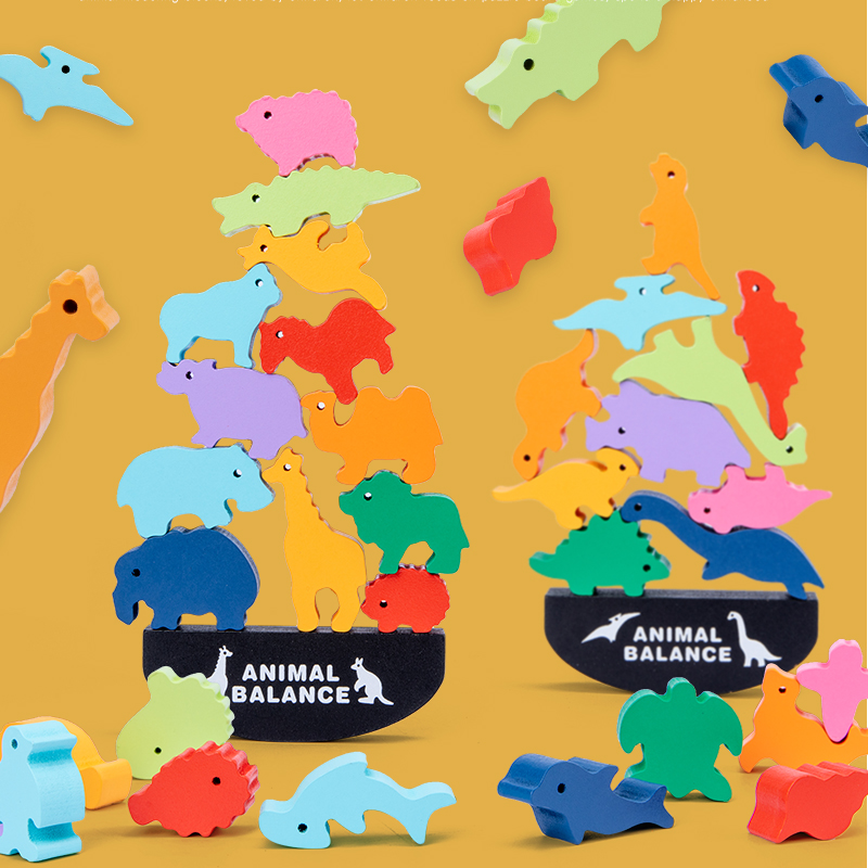 Dinosaur Animal Balance Game Stacking Multi Color Bricks Educational Diy Kids Wooden Toys Building Block Sets