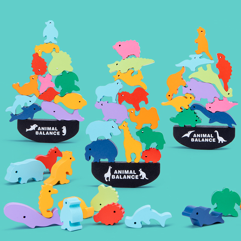 Dinosaur Animal Balance Game Stacking Multi Color Bricks Educational Diy Kids Wooden Toys Building Block Sets