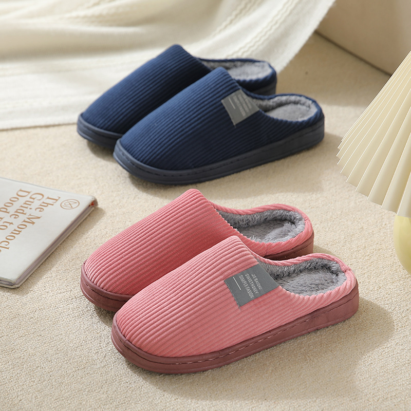 Classic Solid Cotton Slippers Autumn Winter Fluffy Home Slippers Indoor Sandals Women Men Slides With Rubber Sole