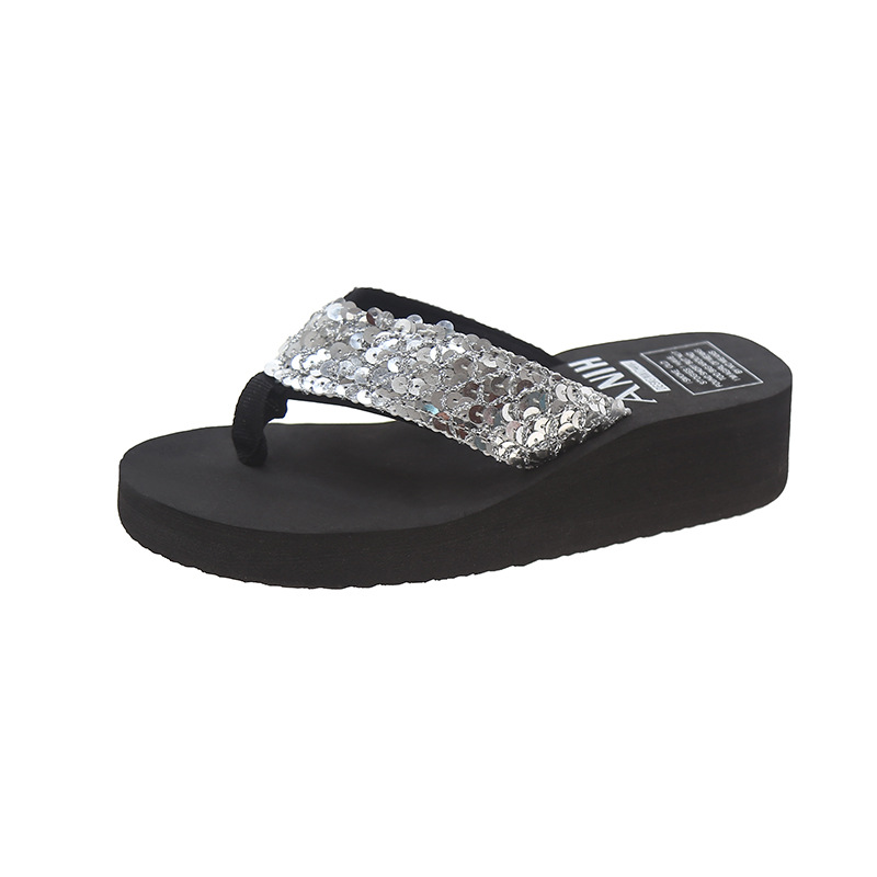 Sequined Wedge Heel Thick Bottom Home Slippers Beach Shoes Ladies Flip Flop Beach Slippers Women