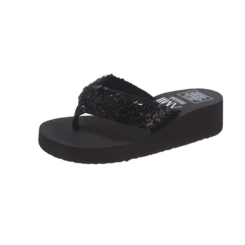 Sequined Wedge Heel Thick Bottom Home Slippers Beach Shoes Ladies Flip Flop Beach Slippers Women