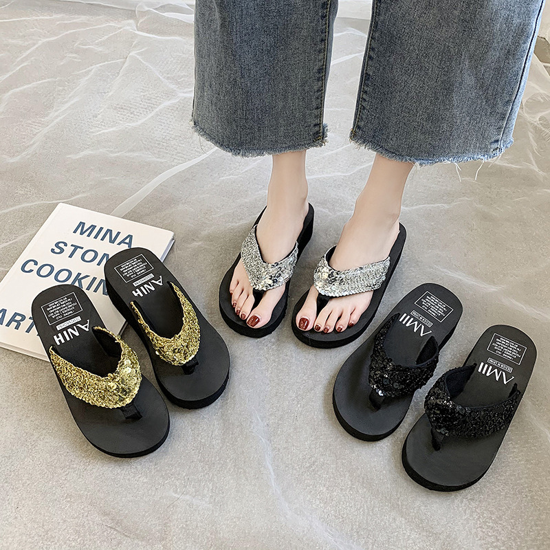 Sequined Wedge Heel Thick Bottom Home Slippers Beach Shoes Ladies Flip Flop Beach Slippers Women