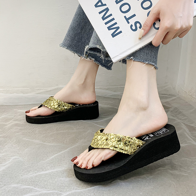 Sequined Wedge Heel Thick Bottom Home Slippers Beach Shoes Ladies Flip Flop Beach Slippers Women