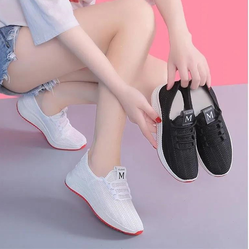 New fashion lace-up canvas casual women's flat shoes fly woven mesh sneakers casual shoes