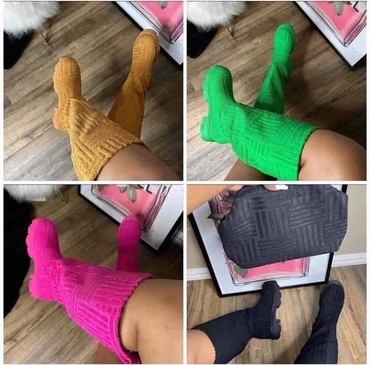 Think 2022 Fashion Winter Knit Boots Ladies Candy Colors Over Knee Girls Thigh High Shoes Towel Design Women Boots