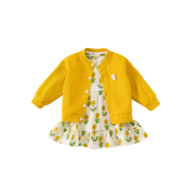 2PCS Girls Cardigan and Floral Cotton Dress Spring and Autumn Kids New Fashion Cute Long Sleeve Suit