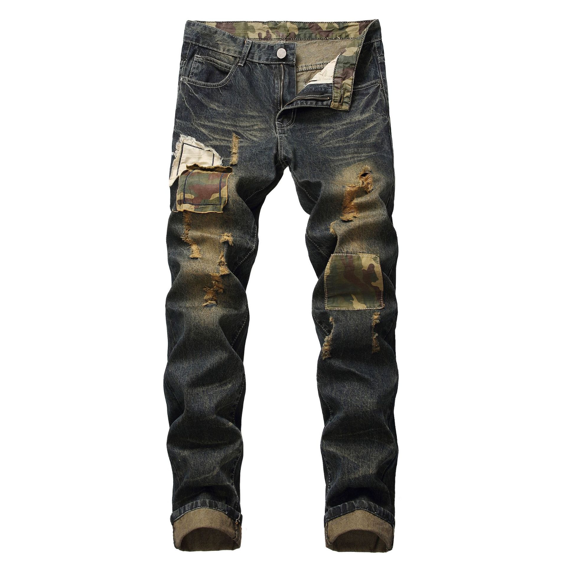 Hip hop Trend The Patch Ripped Distressed Pantalon Fabric Trousers Zipper Denim  Pants Plus Size Men's Jeans