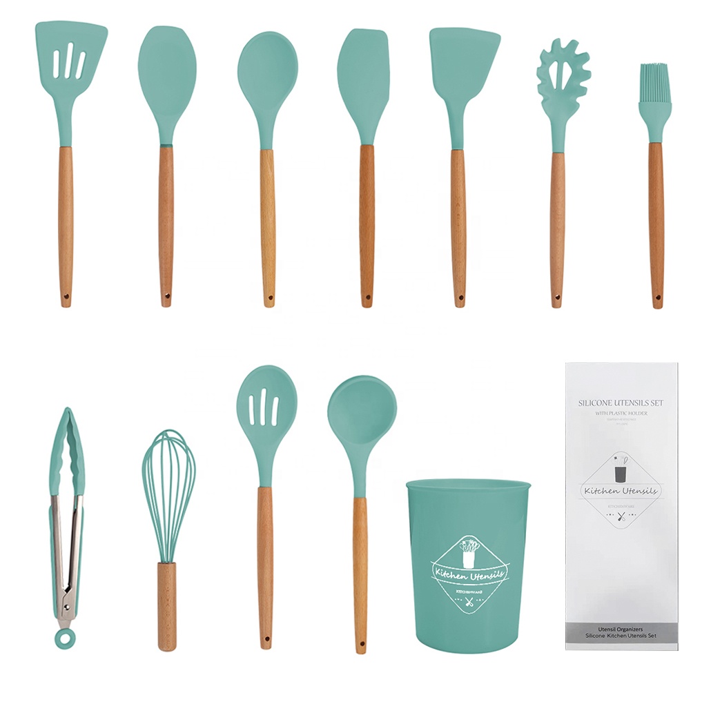 12 pcs Green Silicone Utensils Set Wooden Handle Kitchen Tool Utensils Set