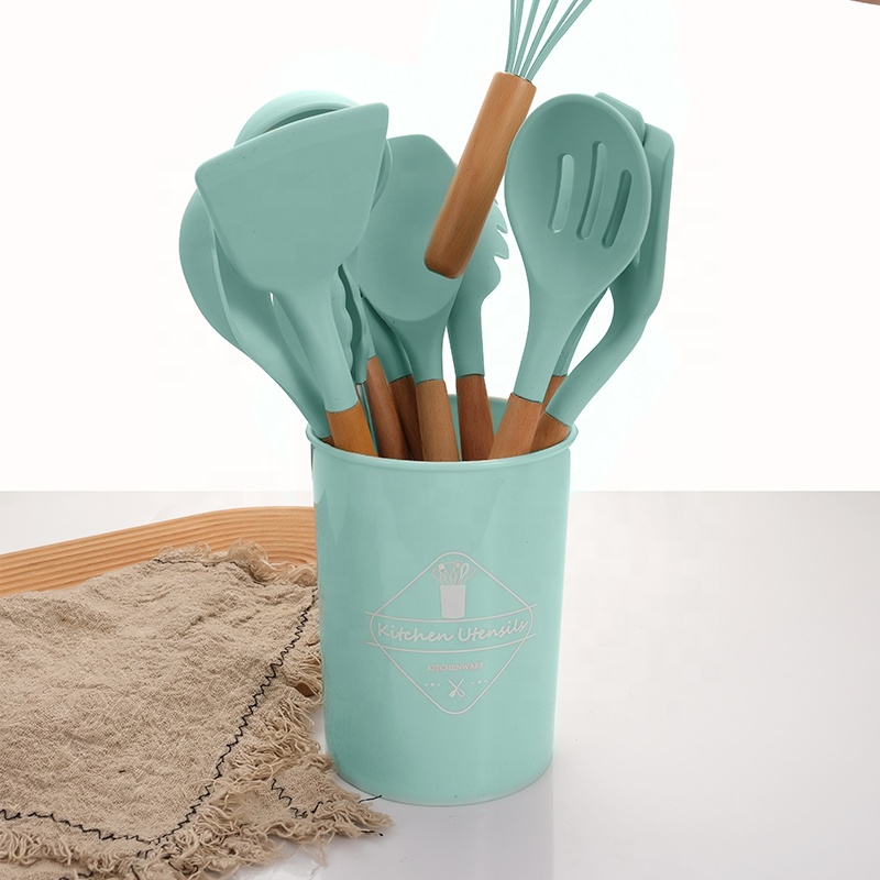 12 pcs Green Silicone Utensils Set Wooden Handle Kitchen Tool Utensils Set