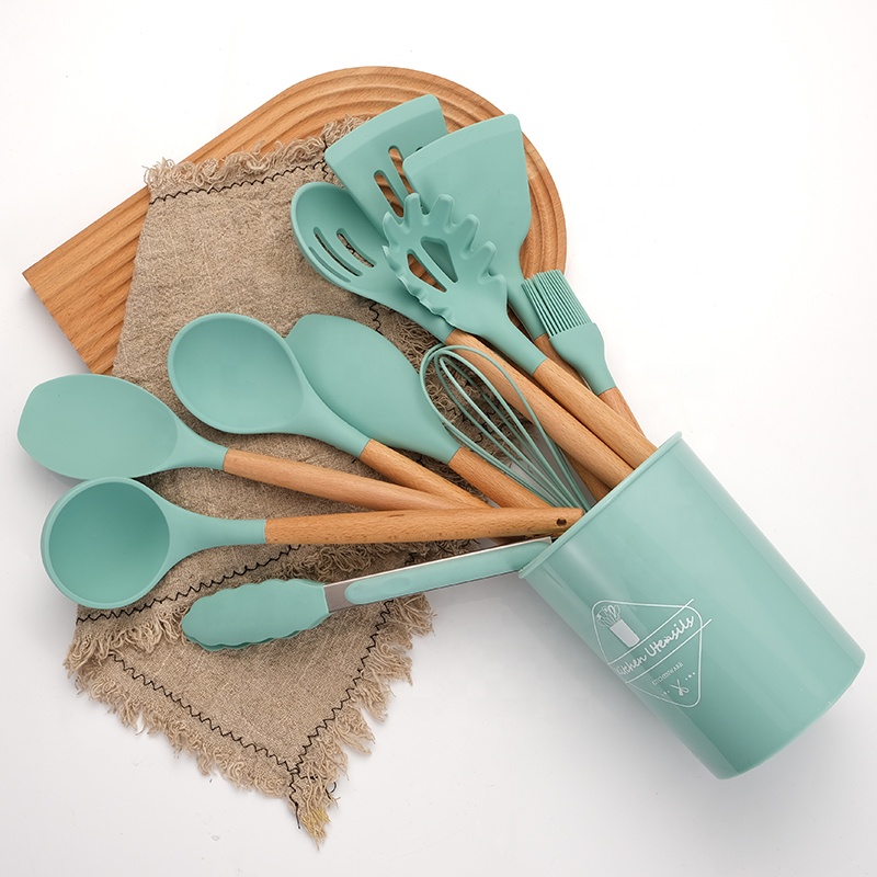 12 pcs Green Silicone Utensils Set Wooden Handle Kitchen Tool Utensils Set