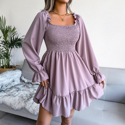 2023 autumn and winter European and American square neck flared long sleeves ruffled swing dress women's clothing