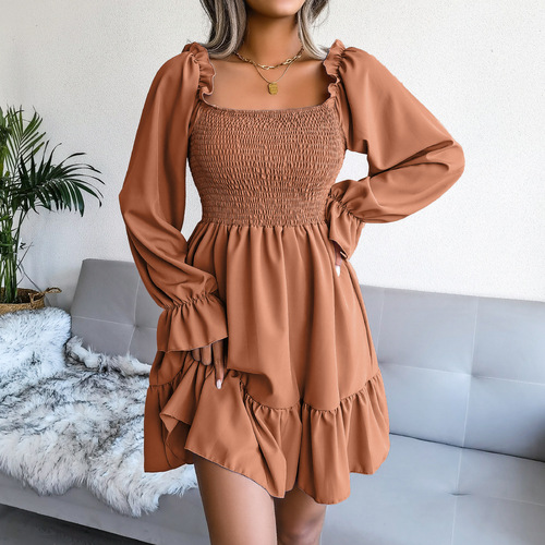 2023 autumn and winter European and American square neck flared long sleeves ruffled swing dress women's clothing