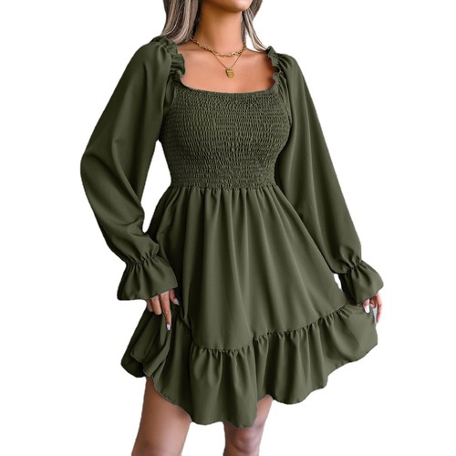 2023 autumn and winter European and American square neck flared long sleeves ruffled swing dress women's clothing