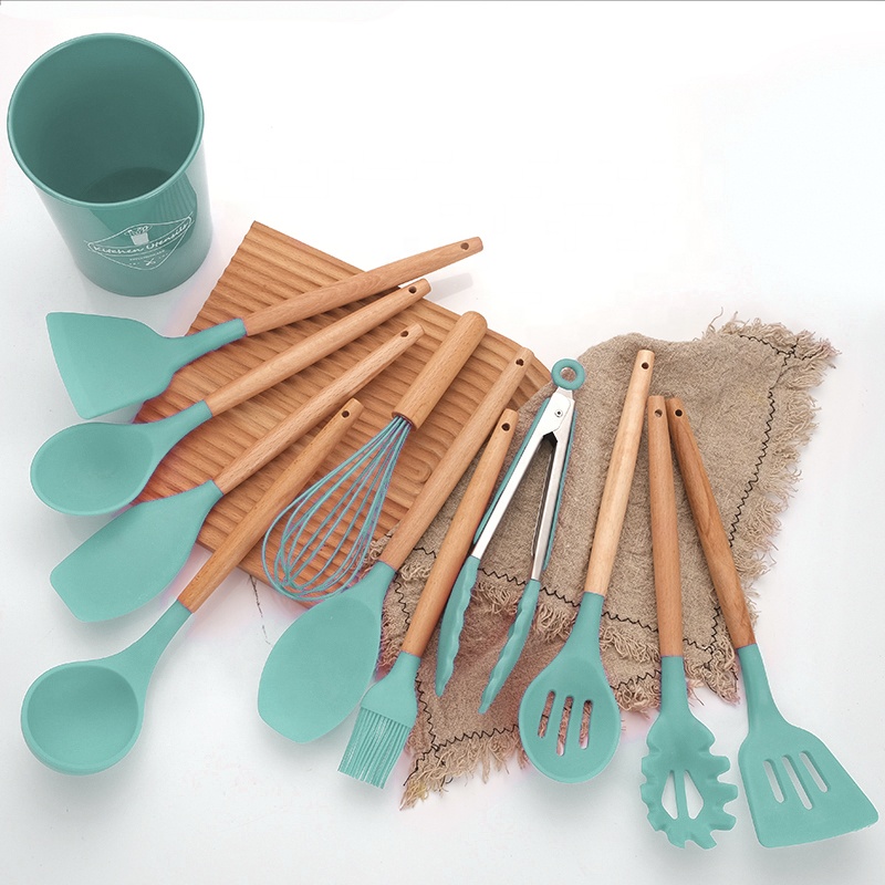 12 pcs Green Silicone Utensils Set Wooden Handle Kitchen Tool Utensils Set