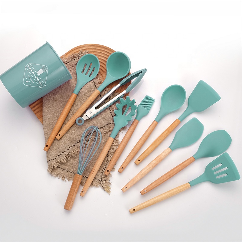 12 pcs Green Silicone Utensils Set Wooden Handle Kitchen Tool Utensils Set