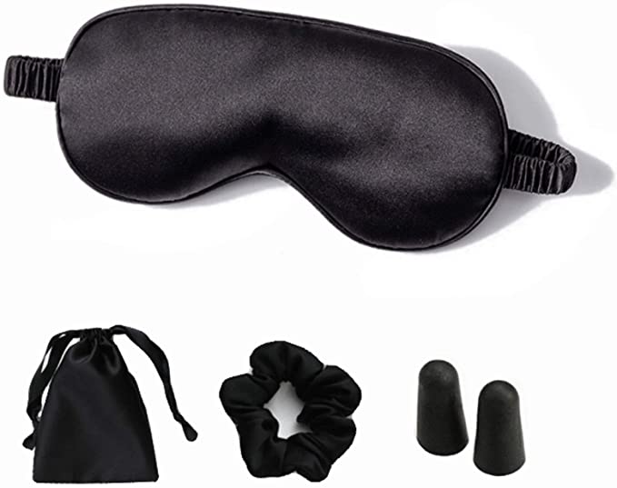 Women and Men gold Silk Satin  Night Blindfold Sleeping Eye Mask with Satin Hair Scrunchies and Ear Plugs