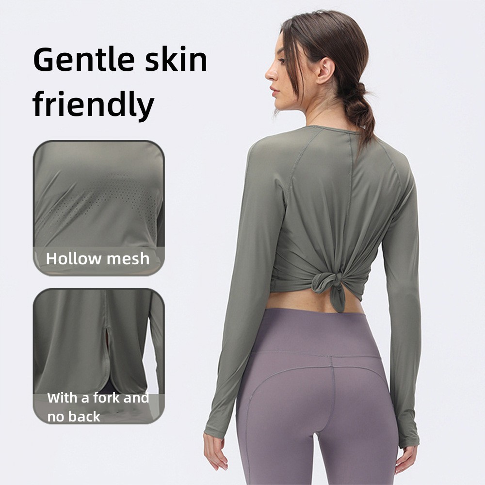 Women's mesh punch round neck yoga long sleeve butterfly back T-shirt top slim-fit lulu yoga dress women
