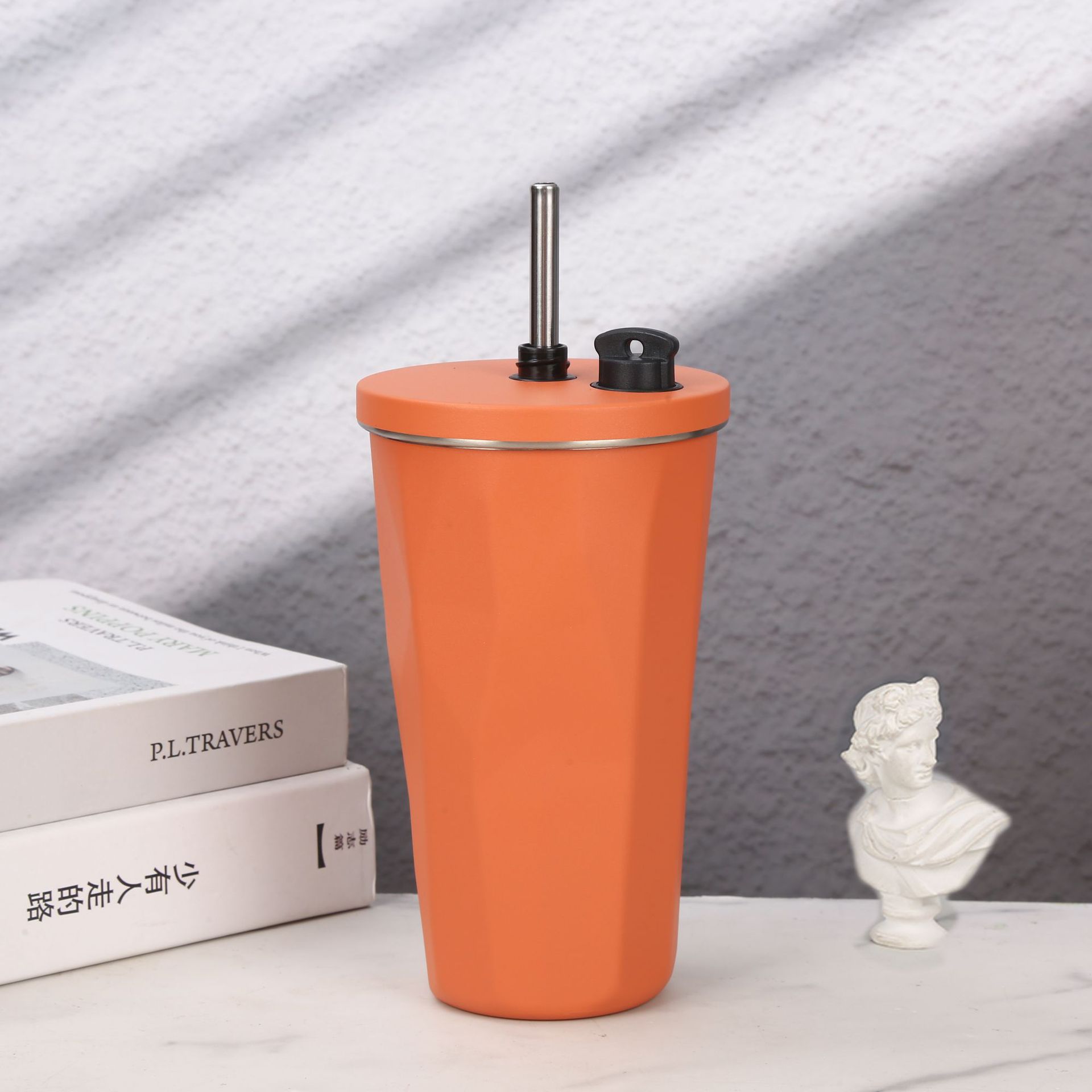 Retractable coffee cup with straw -304 stainless steel - vacuum seal cap Rhomboid cup - Double decker car cup