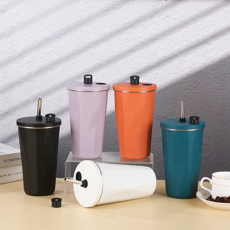 Retractable coffee cup with straw -304 stainless steel - vacuum seal cap Rhomboid cup - Double decker car cup