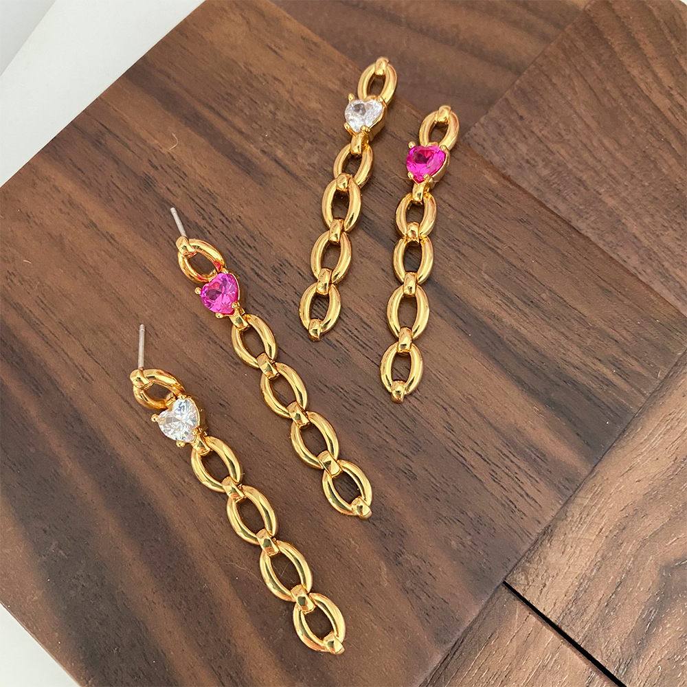 Fashion Interlocking Chain Eardrop -Love Heart Zircon Earrings- Plated Gold Chain- Long Earrings Jewelry For Women