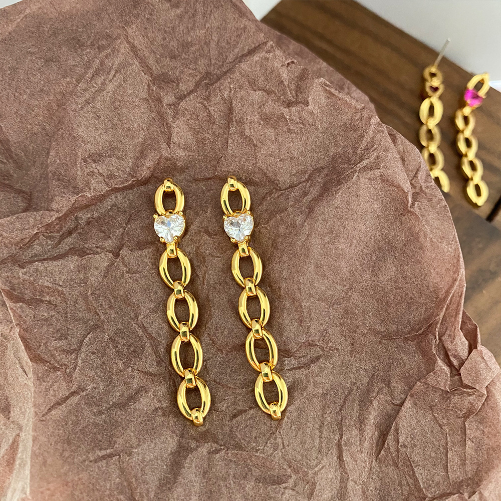 Fashion Interlocking Chain Eardrop -Love Heart Zircon Earrings- Plated Gold Chain- Long Earrings Jewelry For Women