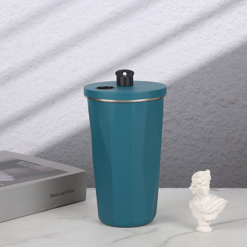 Retractable coffee cup with straw -304 stainless steel - vacuum seal cap Rhomboid cup - Double decker car cup